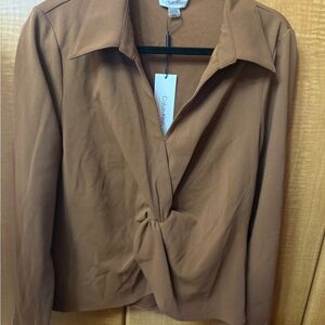 Calvin Klein Women's Twist Front Long Sleeve Collared Blouse